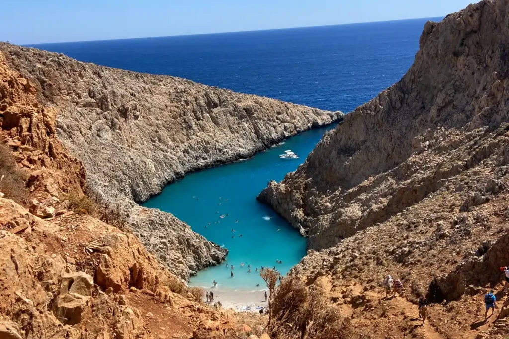 Seitan Limania beach Crete romantic turquoise cove between dramatic cliffs