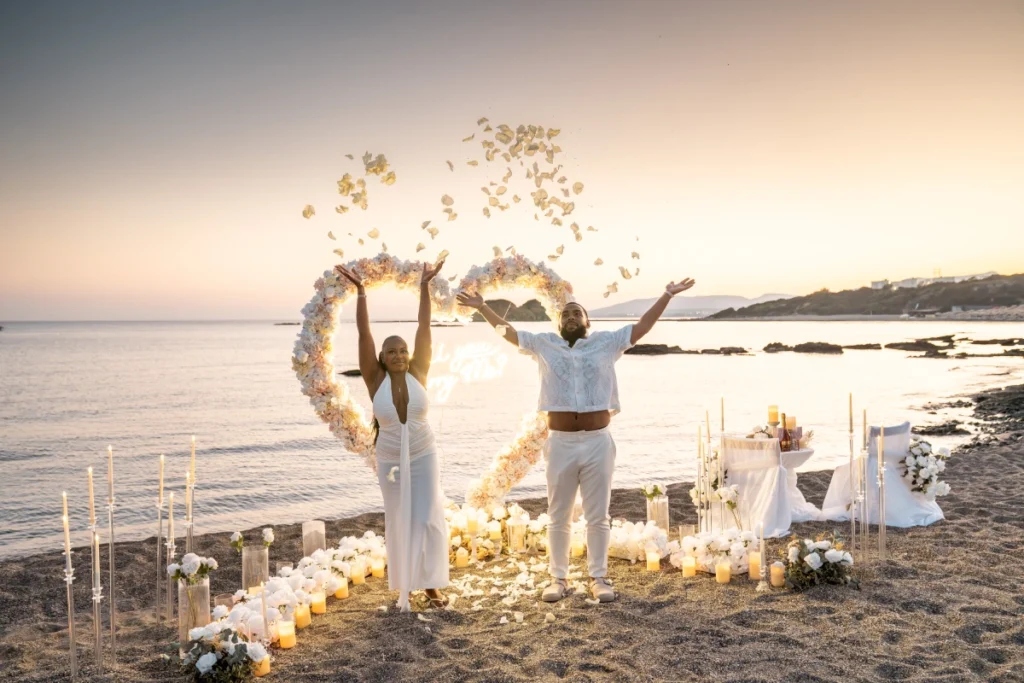 Real luxury marriage proposal in Rhodes during sunset celebration