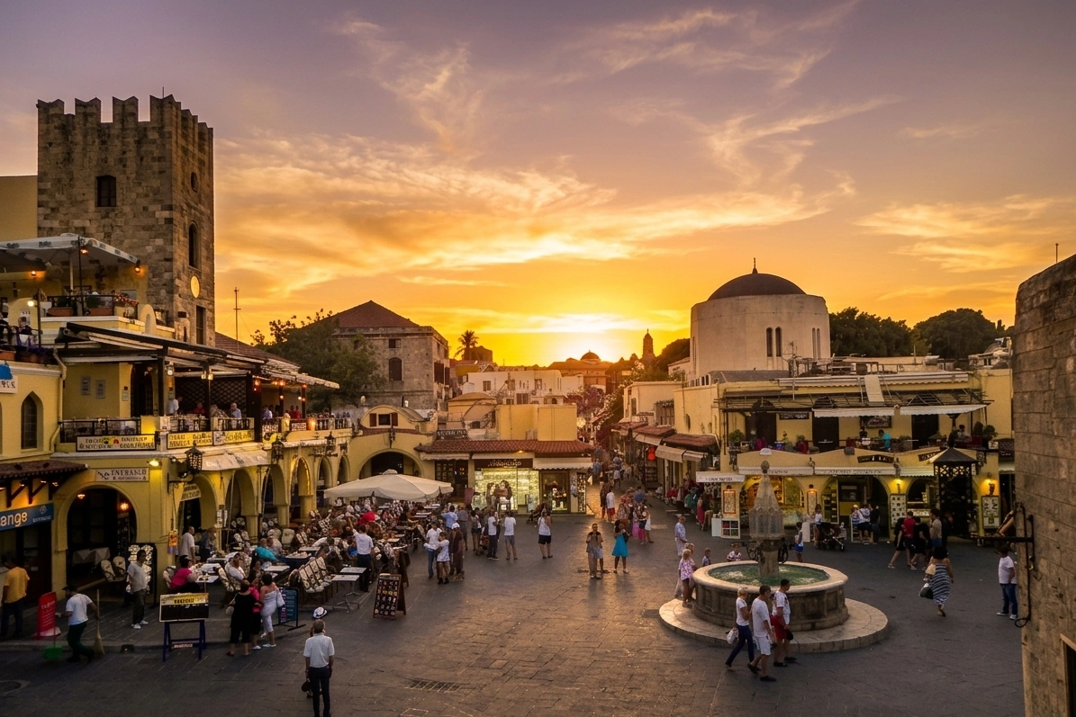 Rhodes Old Town at sunset with historic architecture, central square and vibrant atmosphere in Greece.