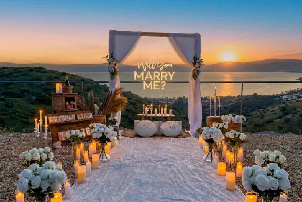 Luxury marriage proposal overlooking the Sea of Galilee at sunset in Israel