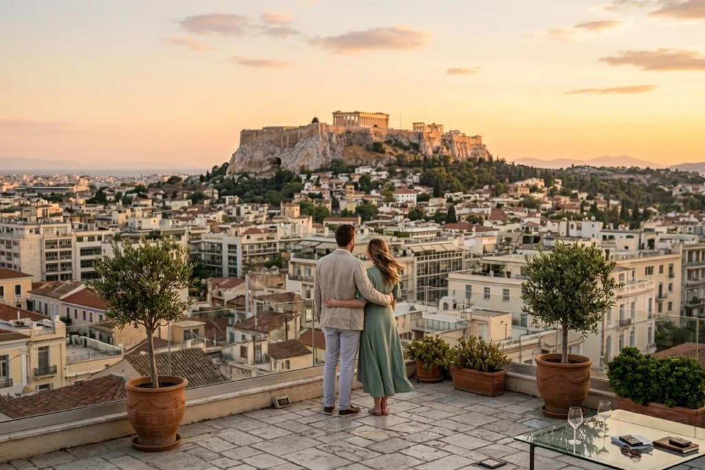 Couple embracing on a rooftop in Athens at sunset overlooking the Acropolis, warm golden light, romantic cityscape, luxury proposal atmosphere
