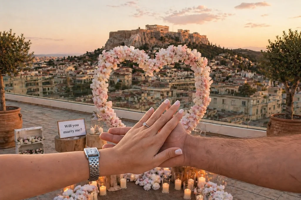 Luxury marriage proposal setup in Athens with Acropolis view at sunset