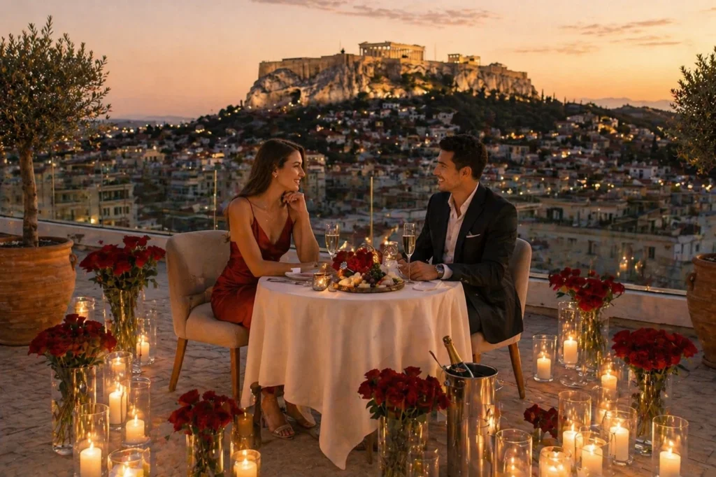 Luxury romantic dinner proposal overlooking the Acropolis in Athens