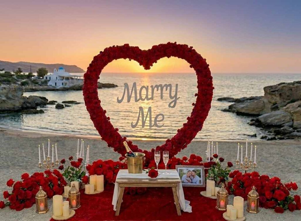 Luxury heart shaped marriage proposal setup in Crete at sunset