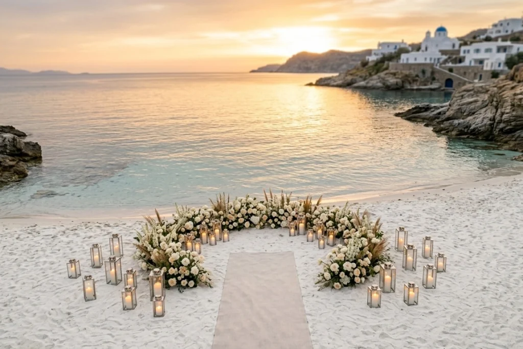 Luxury beach marriage proposal setup at sunset overlooking the sea, elegant beachfront engagement design with white flowers and candles, romantic oceanfront proposal location in Greece, luxury destination proposal inspiration for 2025, cinematic coastal sunset atmosphere, refined and sophisticated beach proposal styling, calm Mediterranean water with golden sunset reflections, premium romantic setup for engagement abroad, realistic luxury travel photography aesthetic, intimate seaside proposal experience with soft natural light