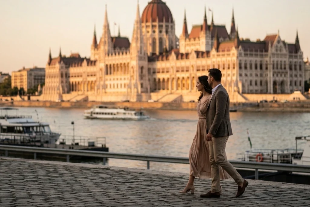 Elegant couple walking beside the Hungarian Parliament in Budapest at sunset, romantic riverside atmosphere along the Danube, luxury destination proposal travel aesthetic, cinematic European city romance, sophisticated couple enjoying an intimate moment in Budapest, warm golden evening light reflecting on historic architecture, timeless European engagement inspiration, realistic candid travel photography, emotional pre-proposal scene in Hungary, premium romantic getaway atmosphere, highly photorealistic urban romance setting