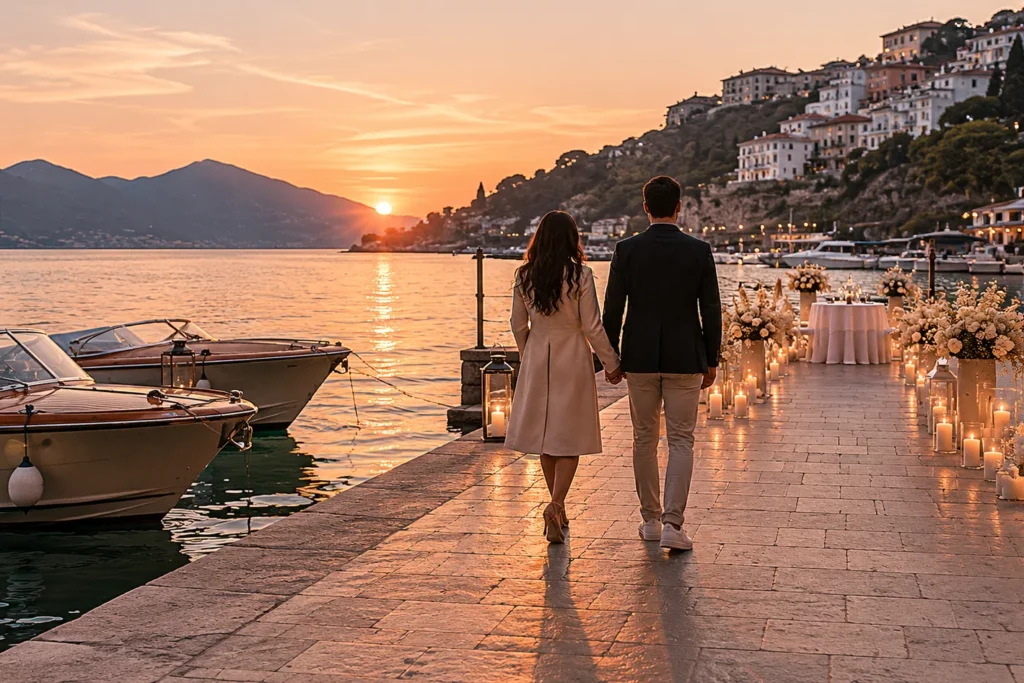 Elegant couple walking toward a luxury waterfront proposal setup at sunset, romantic destination proposal atmosphere beside the harbour with candlelit pathway, luxury boats and warm golden reflections on the water, cinematic Mediterranean coastal romance, sophisticated engagement setup with natural sunset lighting, highly realistic luxury travel aesthetic