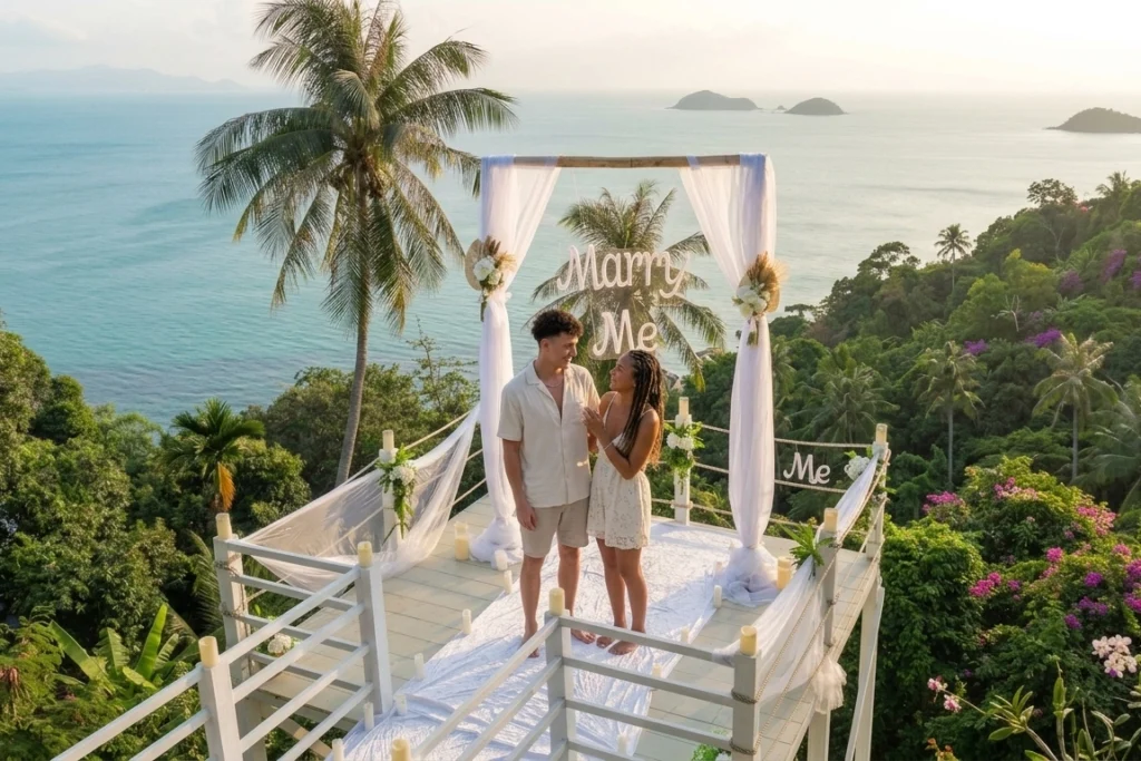 Luxury marriage proposal setup in Koh Phangan overlooking the ocean