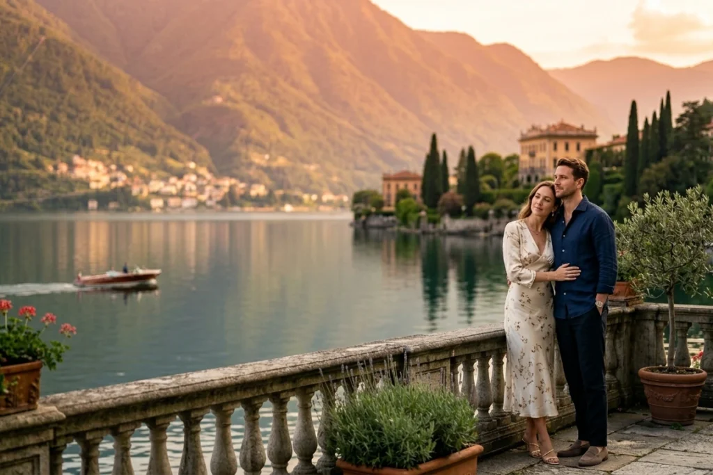Luxury couple embracing at sunset overlooking Lake Como in Italy, romantic lakeside atmosphere with elegant European villa terrace, cinematic proposal destination aesthetic in Northern Italy, warm golden hour light reflecting on the water and mountains, sophisticated luxury travel romance at Lake Como, intimate couple moment with panoramic lake views, timeless Italian elegance and refined sunset scenery, premium destination engagement atmosphere, realistic luxury couple photography, emotional and highly photorealistic Lake Como romance scene