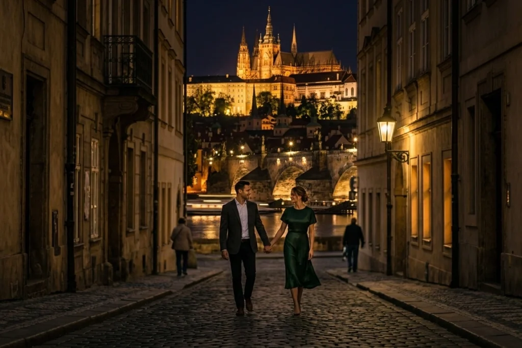 Romantic couple walking through the historic streets of Prague at night with Prague Castle illuminated in the background, elegant European destination proposal atmosphere, cinematic old town scenery with warm lantern light, luxury romantic travel experience in Prague, emotional pre-proposal moment in the Czech Republic, timeless European architecture at blue hour, sophisticated luxury engagement travel aesthetic, realistic candid couple photography, intimate evening walk in Prague, atmospheric and highly photorealistic city romance scene