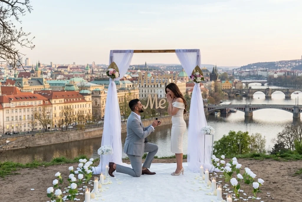 Luxury marriage proposal in Prague overlooking Charles Bridge at sunset