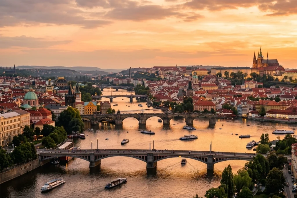 Panoramic view of Prague and Charles Bridge at sunset for a luxury proposal experience