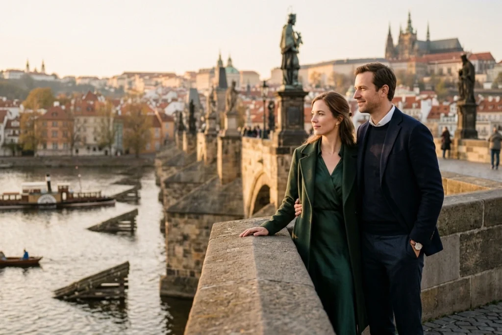 Couple during a luxury marriage proposal experience overlooking Charles Bridge in Prague