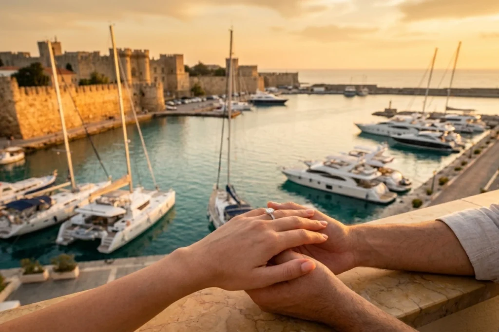Romantic engagement in Rhodes old town marina with couple holding hands and ring overlooking luxury yachts at sunset.