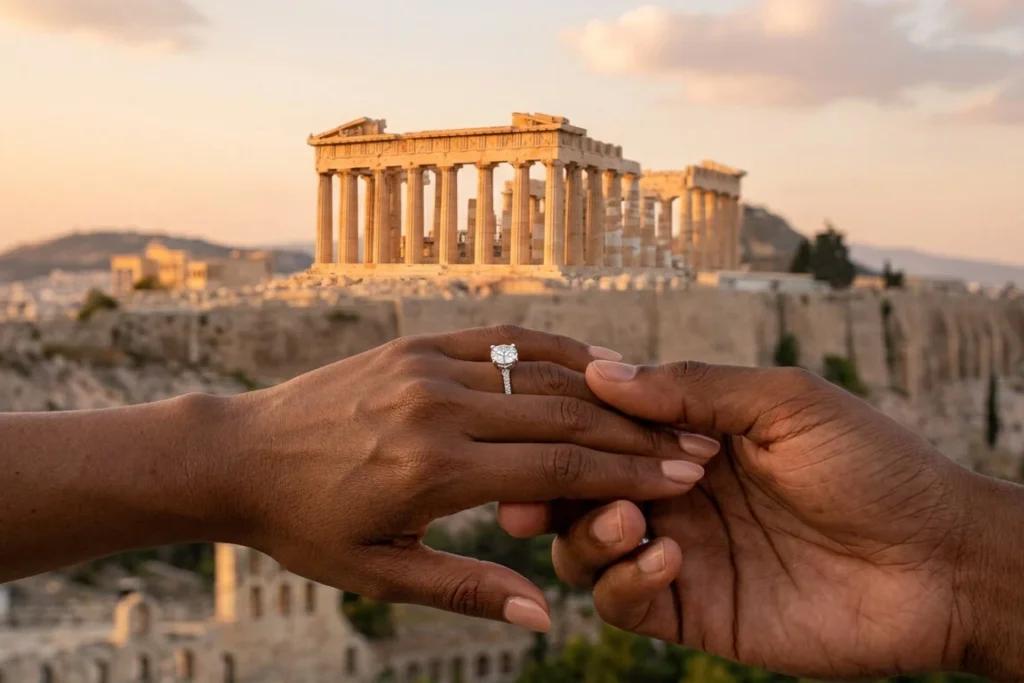 Luxury marriage proposal overlooking the Acropolis in Athens at sunset