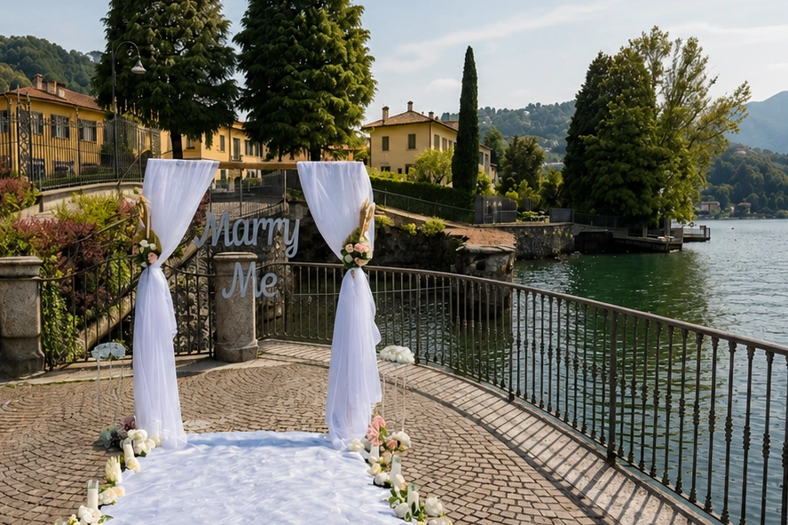 Luxury marriage proposal setup by the waterfront at Lake Como in Italy