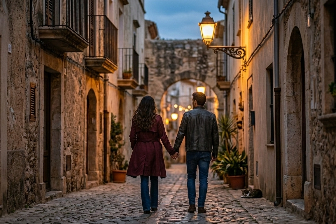Elegant couple walking through a romantic European old town at sunset before a luxury marriage proposal abroad, cinematic destination travel atmosphere, intimate moment in historic stone streets with warm evening lights, sophisticated luxury travel aesthetic, romantic proposal journey in Europe, emotional pre-proposal scene, premium travel photography style, realistic candid couple walking together, timeless European romance, atmospheric golden hour lighting, luxury engagement travel inspiration, authentic and cinematic realism
