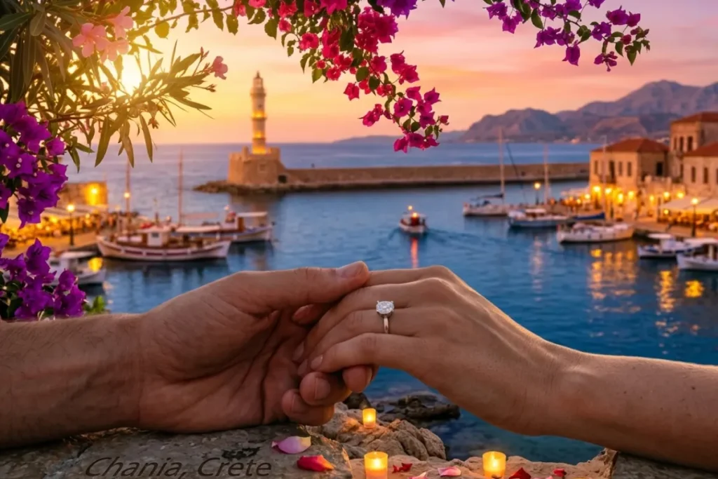Luxury marriage proposal in Crete overlooking Chania Harbor at sunset