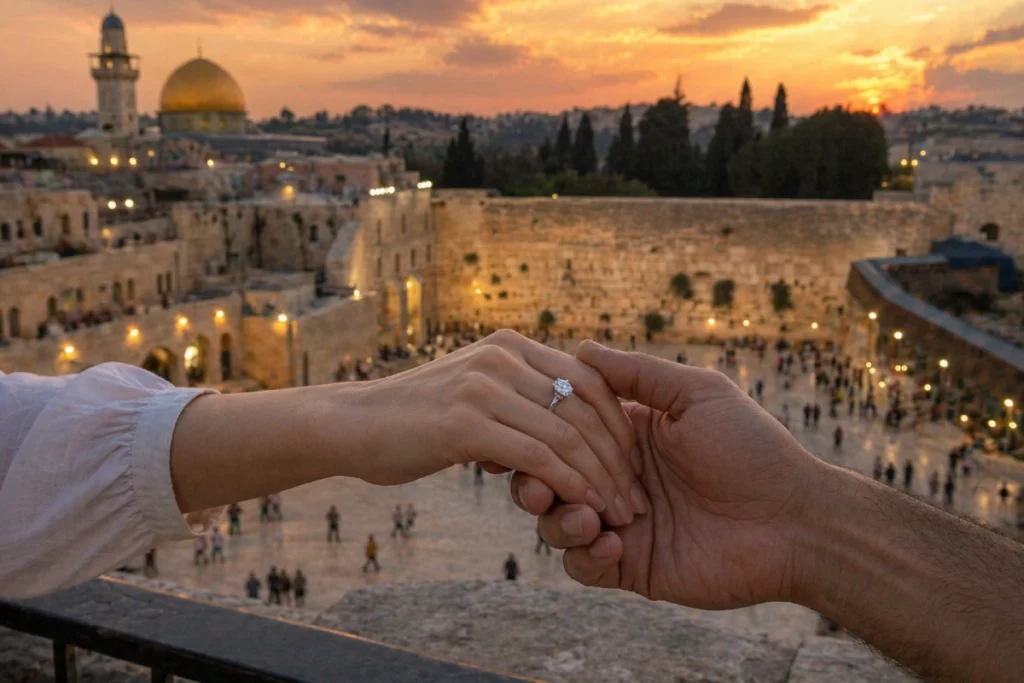 Luxury marriage proposal in Jerusalem overlooking the Western Wall at sunset