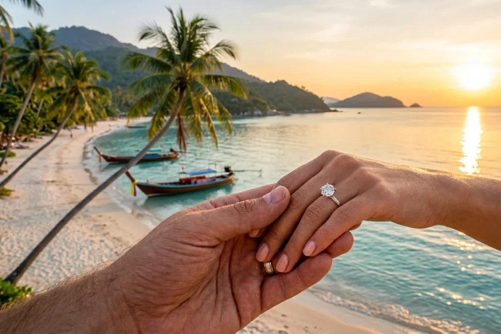 Luxury marriage proposal in Koh Phangan overlooking a tropical beach at sunset