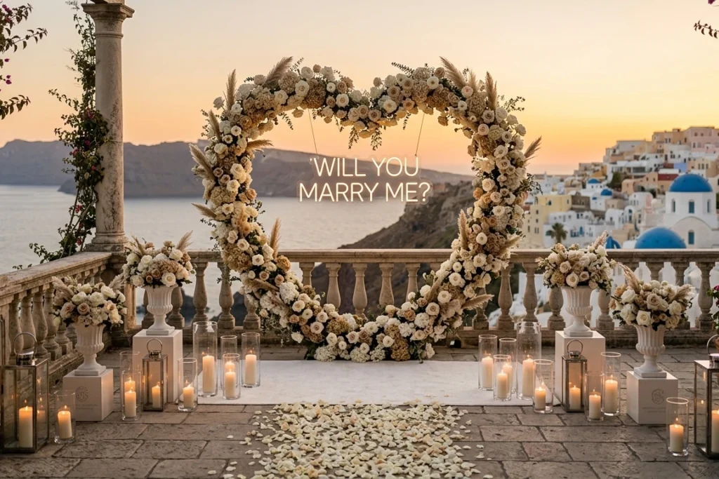 marriage proposal setup on a private terrace in Santorini at sunset, elegant floral arch with neutral-toned flowers and candlelit pathway overlooking the caldera, romantic rooftop proposal decor with warm golden-hour light, sophisticated Mediterranean engagement atmosphere, luxury destination proposal styling with stone balustrade and panoramic sea view, cinematic sunset proposal aesthetic in Greece, refined and intimate terrace setup with realistic luxury details, premium romantic experience, highly photorealistic