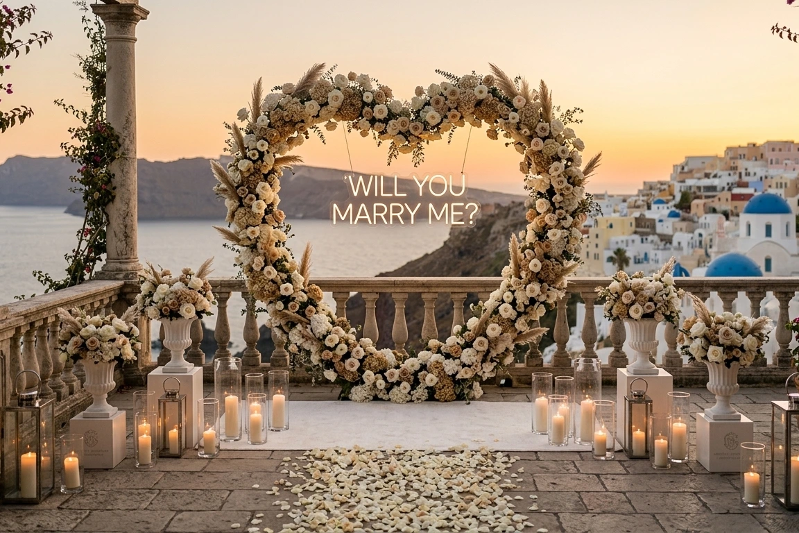 marriage proposal setup on a private terrace in Santorini at sunset, elegant floral arch with neutral-toned flowers and candlelit pathway overlooking the caldera, romantic rooftop proposal decor with warm golden-hour light, sophisticated Mediterranean engagement atmosphere, luxury destination proposal styling with stone balustrade and panoramic sea view, cinematic sunset proposal aesthetic in Greece, refined and intimate terrace setup with realistic luxury details, premium romantic experience, highly photorealistic