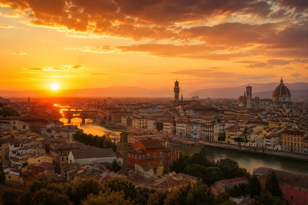 European city skyline at golden hour with warm sunset light reflecting over the river, historic stone architecture and cathedral silhouettes creating a cinematic romantic atmosphere, luxury travel destination in Europe at sunset, panoramic skyline view with glowing amber sky and dramatic clouds