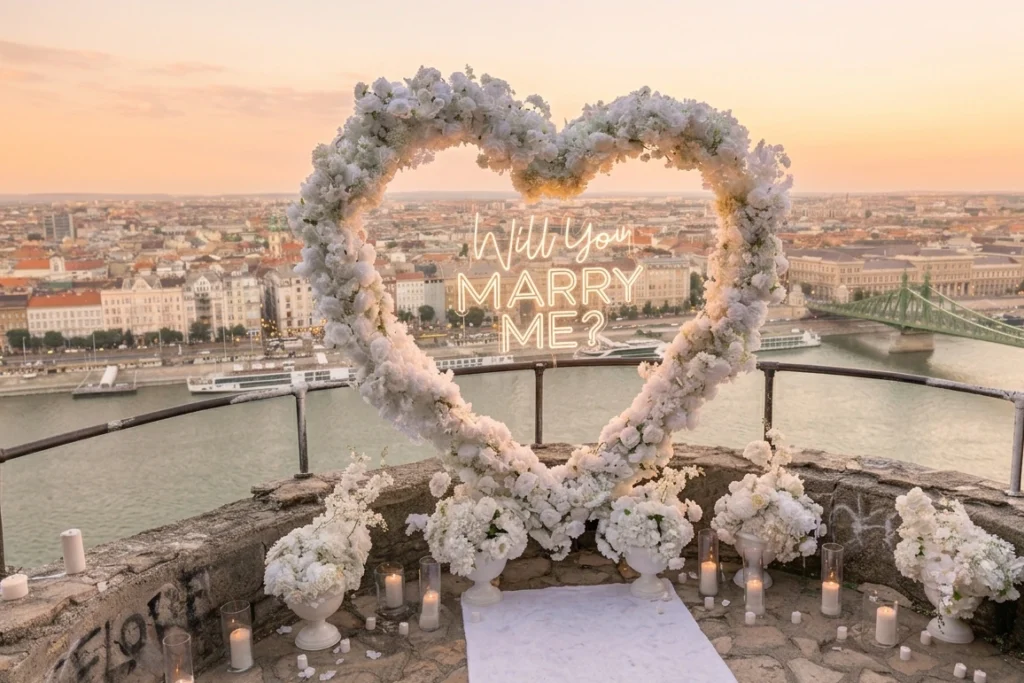 Luxury sunset marriage proposal in Budapest overlooking the Danube River and Hungarian Parliament, elegant rooftop engagement setup with white floral heart arch and romantic city skyline at golden hour, cinematic proposal atmosphere in Hungary, sophisticated European sunset proposal experience, premium destination engagement decor with panoramic Budapest views, warm evening light reflecting over the river, luxury romantic setup above the city, realistic and emotional proposal aesthetic