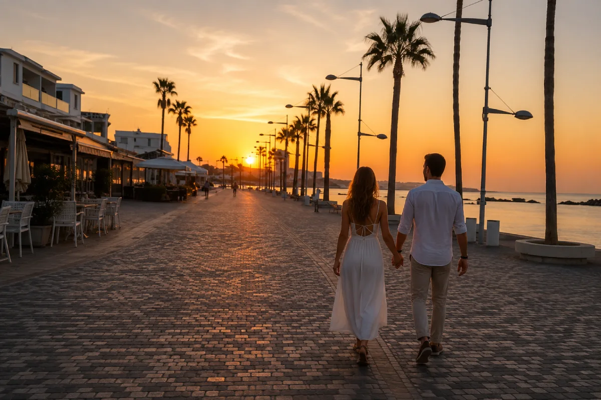 Young couple walking hand in hand along Paphos Harbour promenade at sunset, Cyprus.
