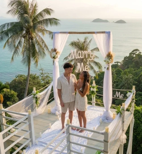 Luxury marriage proposal setup in Koh Phangan overlooking the ocean