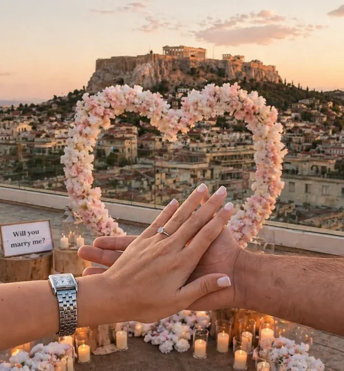 Luxury marriage proposal setup in Athens with Acropolis view at sunset